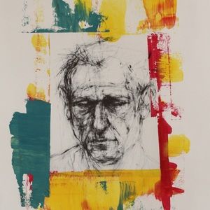 abstract painting with print drawn sketch man face